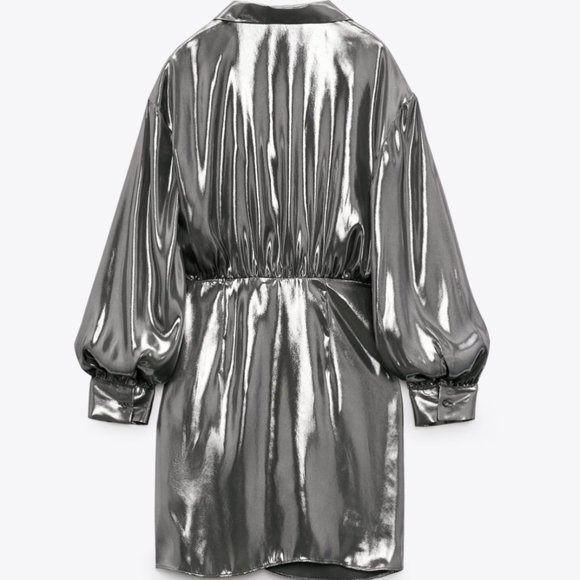 ZARA SILVER LAPEL SURPLICE WRAP EFFECT V NECK LAMINATED METALLIC DRESS $119 - Picture 7 of 13